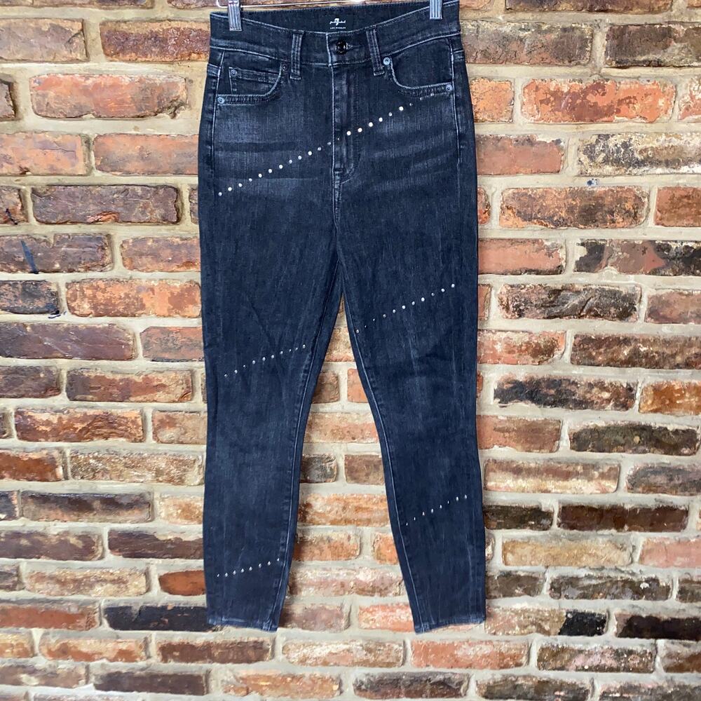7 For All Mankind Black Wash Denim High Waist Ankle Super Skinny Stud Jeans 24